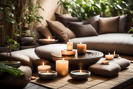 A serene meditation space with soft cushions, aromatic candles, and a peaceful water fountain, creating a harmonious atmosphere for mindfulness practice.