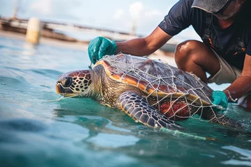 Tafelkleed Man rescues sea turtle trapped in a fishing net, struggles in sea animal life. AI- Generated © Tharaka