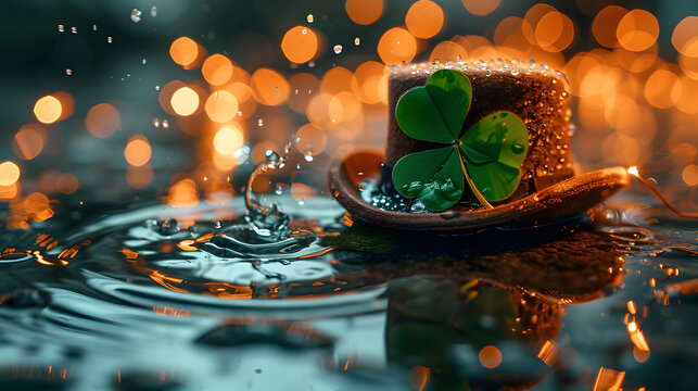 A  velvet top hat and a fresh leaf clover rest on water surface, illuminated by soft, bokeh light in the background.