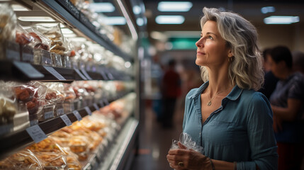 a woman in a grocery store. A middle-aged woman in a supermarket. - obrazy, fototapety, plakaty