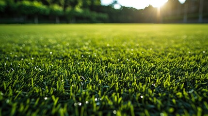 Lush perfectly manicured green turf of a sports field in the morning light - obrazy, fototapety, plakaty