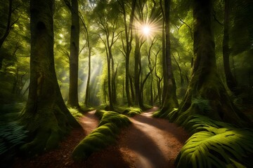 A winding hiking trail through a lush green forest, with sunlight filtering through the canopy of trees, creating dappled patterns on the forest floor. - obrazy, fototapety, plakaty