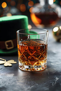 A elegant crystal glass, filled with whiskey, next to gold four-leaf clovers and a green top hat on a soft bokeh style background, on Saint Patrick's Day in a portrait oriented image.