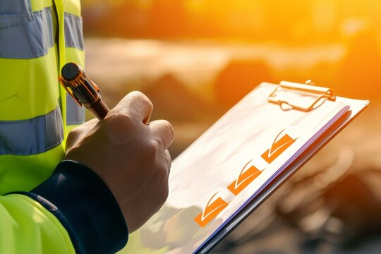Construction Worker Reviewing Safety Checklist.
Construction worker in safety gear reviewing a checklist during a site inspection.