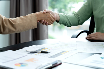 In the brainstorming meeting Executives shake hands and come to an agreement to show