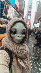 Gray alien posing for a selfie in front of a yellow taxi on a New York City street. Humorous alien...