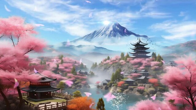 Beautiful spring on Japanese landscape, cherry blossoms rain on anime watercolor painting style. 4k loop animation background