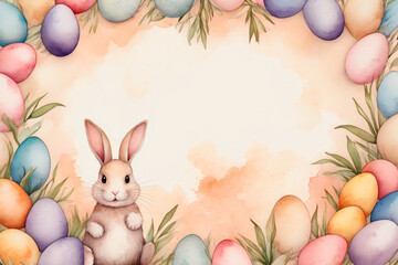 Background for congratulations on Easter with rabbits and a floral frame