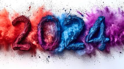 dust explosion 2024 typography for holi festival background and banner isolated on white background - obrazy, fototapety, plakaty