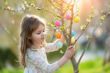 Cute little girl decorating a easter tree with bright easter eggs in garden