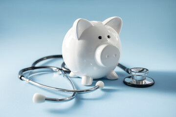 Piggy bank with stethoscope, medical insurance or money health check concept