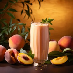 Fresh Peach Smoothie in a Glass with Whole Peaches