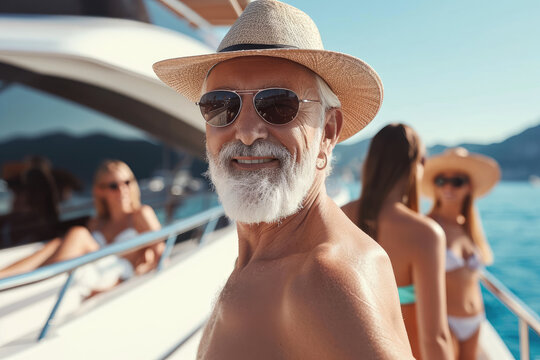 Wealthy senior man at luxury yacht party, billionaire summer cruise vacation, with beautiful girls in bikinis