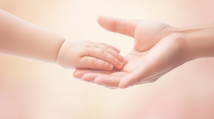 Hands of mother and child holding each other, soft focus background
