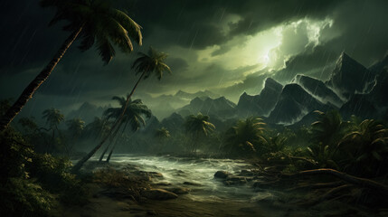 Weather forecast - heavy rain storm wind in the tropical forest, disasters due to climate warming