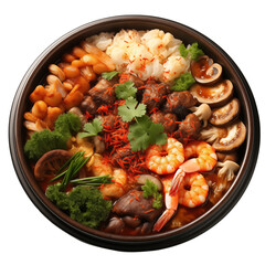 Bowl of tasty hot pot with shrimps on transparent background
