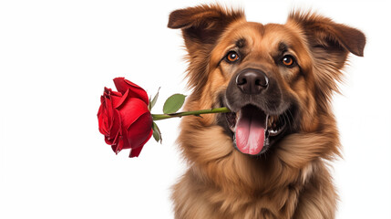 Close up of a dog Carrying a single red rose in his mouth