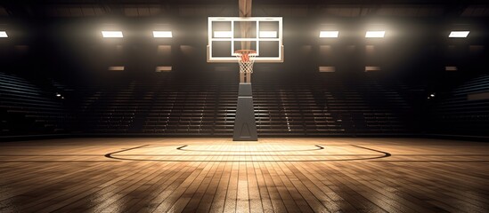 A basketball court with a ball in motion and stadium lights. - obrazy, fototapety, plakaty