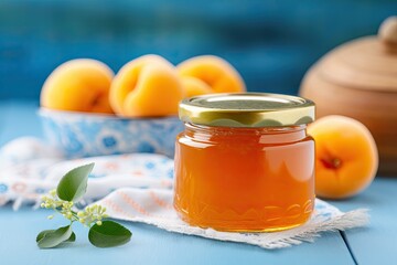 Selective focus on close-up side view of apricot orange jelly, with blue wooden background and linen textile.