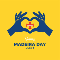 Happy Madeira Day poster vector illustration. Hand heart Madeira flag icon vector on a yellow background. Hand heart love gesture with Madeira flag symbol. Palm of hand in heart shape. July 1 - obrazy, fototapety, plakaty