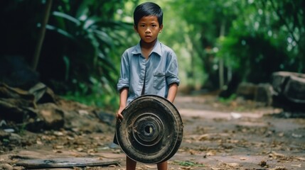 sian boy holds broken and flat wheel which is parked near narrow footpath in the park, - obrazy, fototapety, plakaty