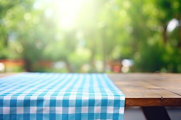 Wooden table with blue checked tablecloth and blurry green bokeh from kitchen window background. Perfect for summer and picnic-themed designs, especially for promoting food and drink products. - Powered by Adobe