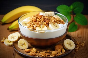 Traditional breakfast: Greek yogurt, granola, nuts, banana slices.