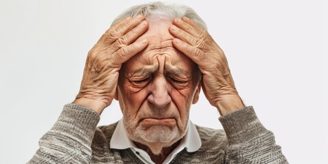 an elderly man holds his head from a migraine, severe pain Generative AI