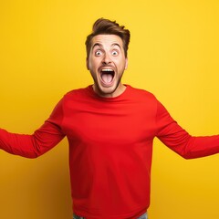 Cheerful man shouting over yellow background. Emotional portrait.