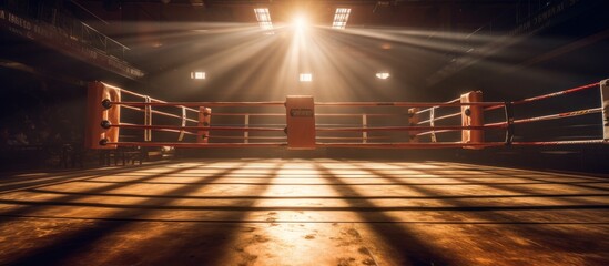 Empty boxing ring in arena, spot lights, smoke and dark night scene.