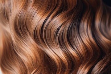 Background of brown hair in close-up. Women's long, beautifully styled wavy hair with shiny curls. Coloring and hairdressing procedures including extensions.
