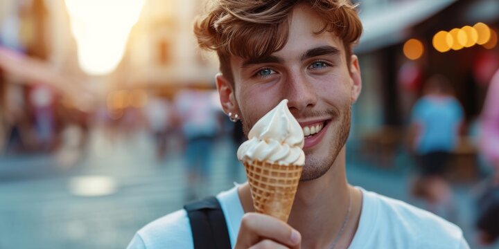 young man eating ice cream on the street Generative AI