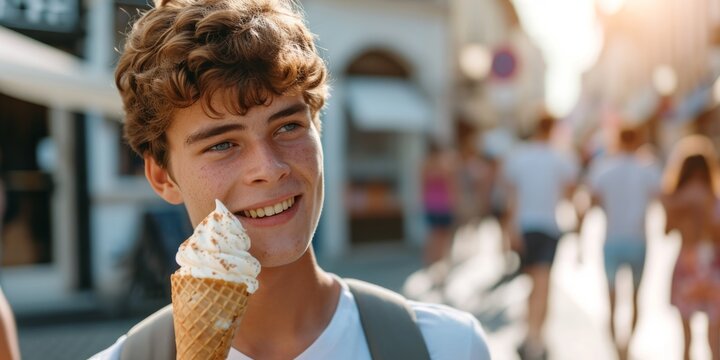 young man eating ice cream on the street Generative AI