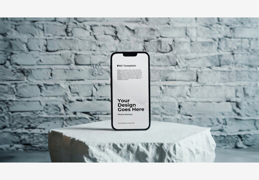 White Phone Mockup on Rock with Brick Wall Background - Phone Mockup Template Screen To Boost Sales and Growth on Stock Photo Websites