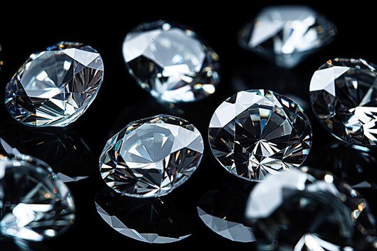 Assorted diamonds in different cuts and sizes, displayed on a black backdrop
