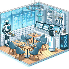 Futuristic Kitchen with Waiter Robot in future restaurant