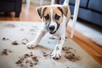 Muddy paw prints on carpet caused by adorable dog. - obrazy, fototapety, plakaty