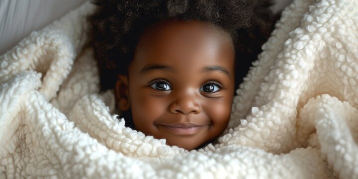 African American cheerful child in bed Generative AI