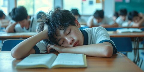 GeneratiAsian schoolboy is tired and sleeping at his desk in the classroom ve AI - obrazy, fototapety, plakaty