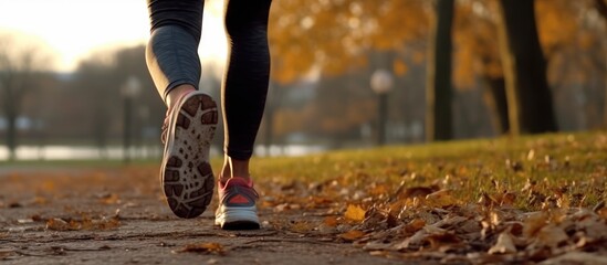 Young fitness woman runner athlete running at road female runner jogging in a park on a winter afternoon. - obrazy, fototapety, plakaty