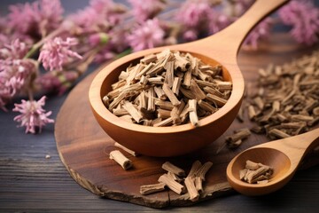 Dried pieces of Valeriana officinalis root used in herbal medicine for tranquility, sleep, anxiety, and pain relief. Tea ingredient. - obrazy, fototapety, plakaty