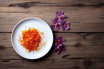 Saffron spice with crocus flower on a white plate.