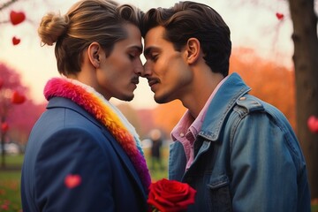 Celebrating Love's Colors: Romantic LGBT Couple in a Festive Valentine's Park