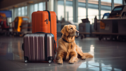 Concept of traveling with pets: a dog retriever sits at the airport or train bus station waiting for the plane next to the suitcases - obrazy, fototapety, plakaty