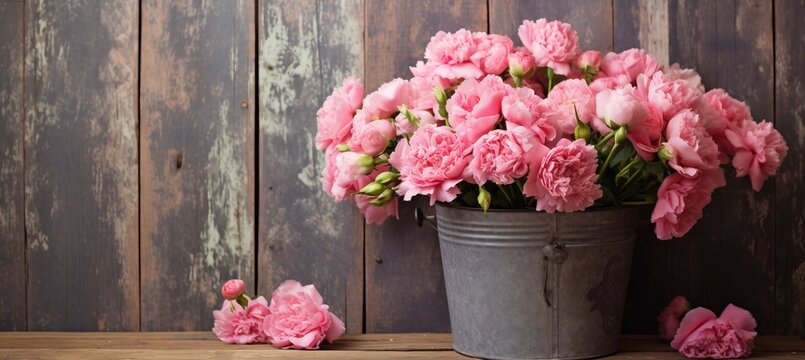 Beautiful pink carnation flowers in a rustic zinc bucket happy mothers day concept