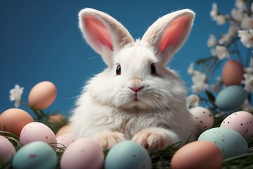Royal Easter Delight: Adorable Bunny Surrounded by Easter Egg Treasures