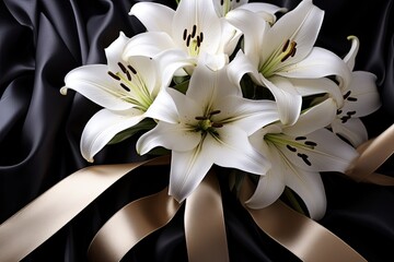White lily flowers with black ribbon Background for mourning or funerals
