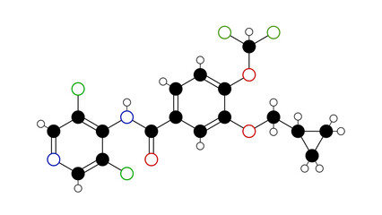 Naklejka premium roflumilast molecule, structural chemical formula, ball-and-stick model, isolated image daxas