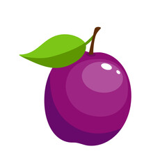 Vector plum icon, illustration of plum with green leaf in cartoon style isolated on white background, print design for children