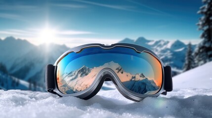 Ski goggles in the snow. Mountains reflect out of glass. ski goggles with reflection of mountains isolated on white - obrazy, fototapety, plakaty